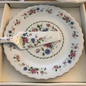 NIB Andrea by Sadek "Spring Night" 10.5" Cake Plate and Server Gold Gilding
